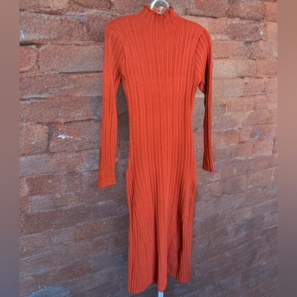 WOMEN’S LONG SLEEVED RIBBED SWEATER DRESS HIGH NECK SLIM FIT SIZE XL COLOR: RUST - Picture 1 of 6